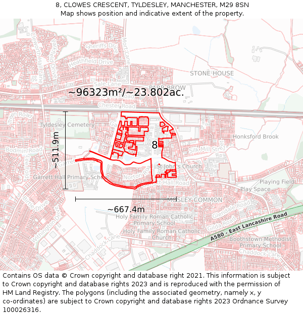 8, CLOWES CRESCENT, TYLDESLEY, MANCHESTER, M29 8SN: Plot and title map