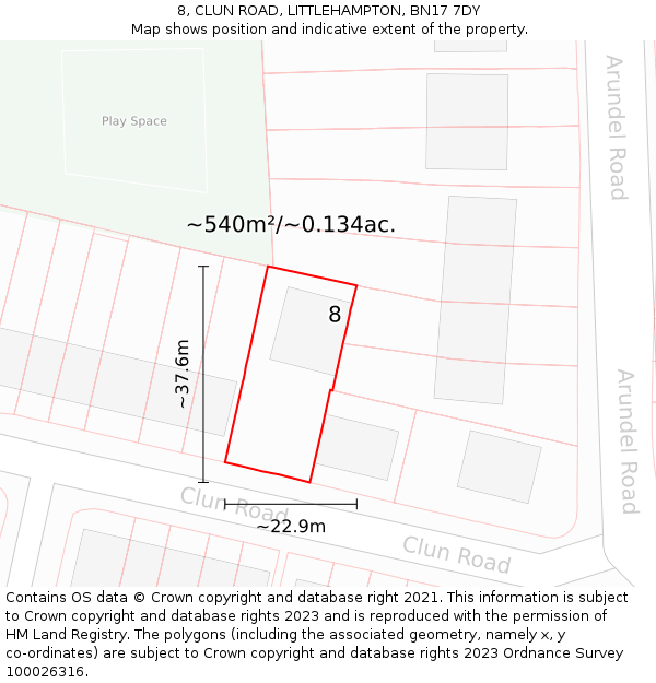 8, CLUN ROAD, LITTLEHAMPTON, BN17 7DY: Plot and title map