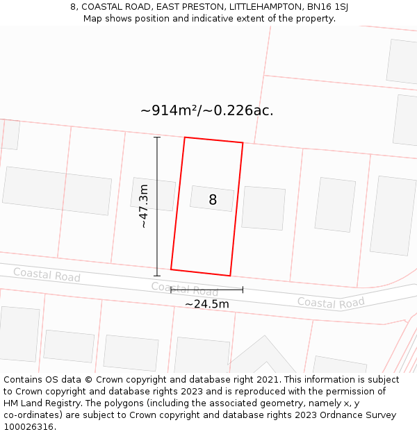 8, COASTAL ROAD, EAST PRESTON, LITTLEHAMPTON, BN16 1SJ: Plot and title map