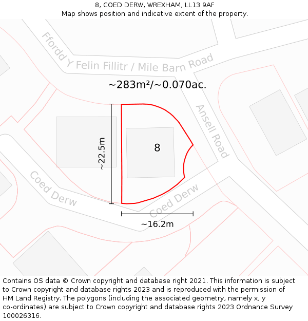 8, COED DERW, WREXHAM, LL13 9AF: Plot and title map