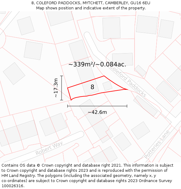 8, COLEFORD PADDOCKS, MYTCHETT, CAMBERLEY, GU16 6EU: Plot and title map