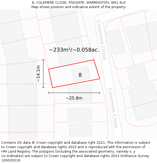 8, COLEMERE CLOSE, PADGATE, WARRINGTON, WA1 4LA: Plot and title map