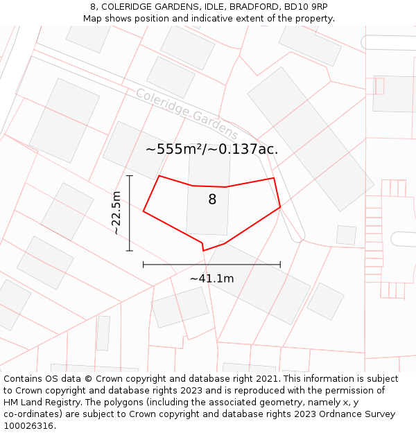 8, COLERIDGE GARDENS, IDLE, BRADFORD, BD10 9RP: Plot and title map