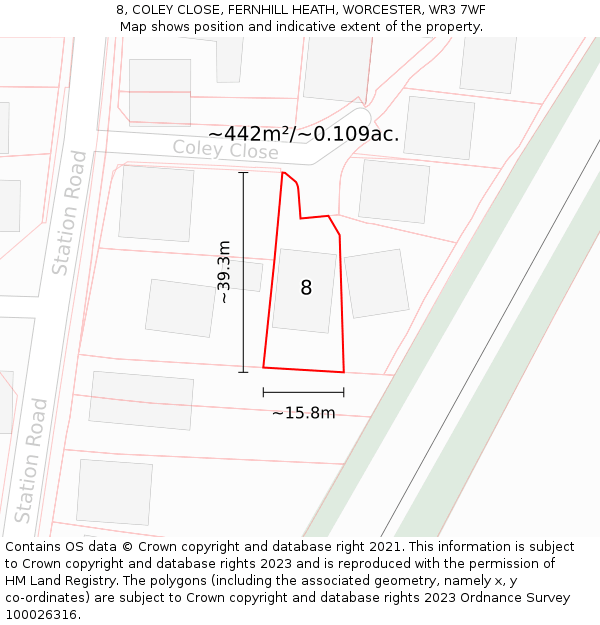 8, COLEY CLOSE, FERNHILL HEATH, WORCESTER, WR3 7WF: Plot and title map