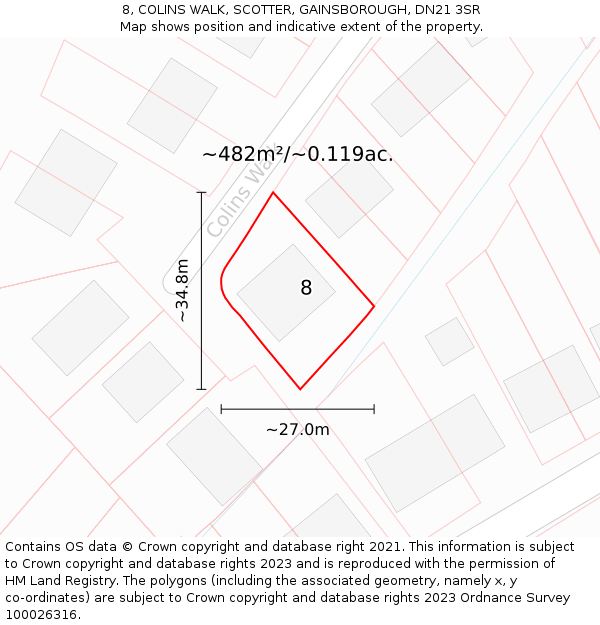 8, COLINS WALK, SCOTTER, GAINSBOROUGH, DN21 3SR: Plot and title map