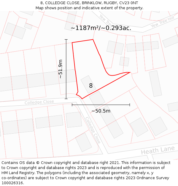 8, COLLEDGE CLOSE, BRINKLOW, RUGBY, CV23 0NT: Plot and title map