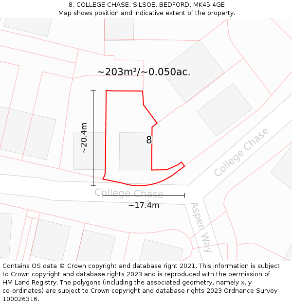 8, COLLEGE CHASE, SILSOE, BEDFORD, MK45 4GE: Plot and title map
