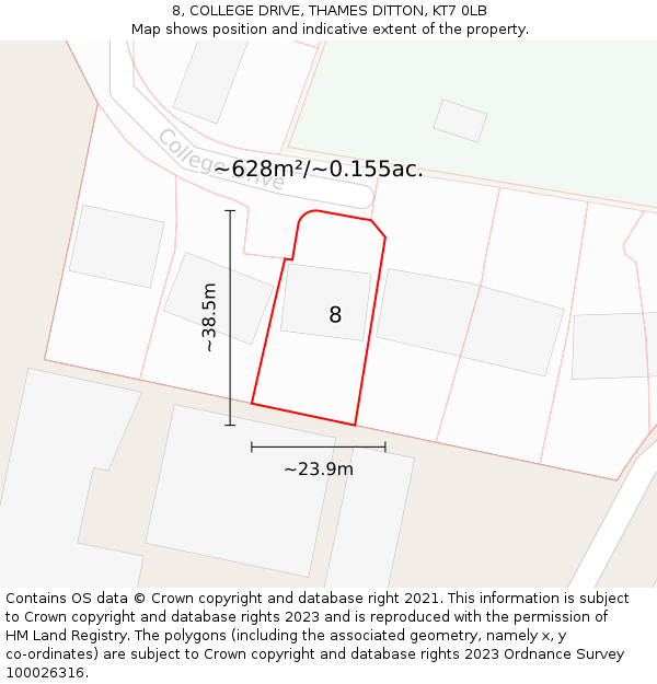 8, COLLEGE DRIVE, THAMES DITTON, KT7 0LB: Plot and title map