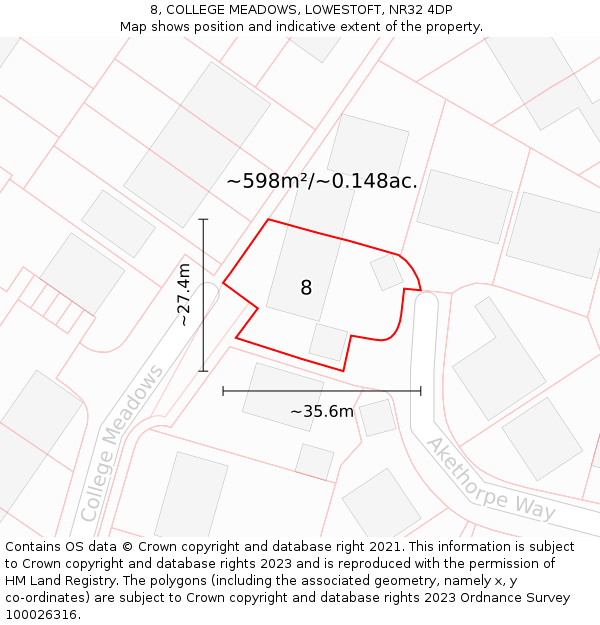 8, COLLEGE MEADOWS, LOWESTOFT, NR32 4DP: Plot and title map