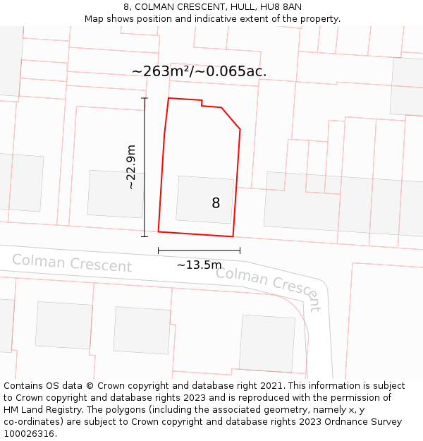 8, COLMAN CRESCENT, HULL, HU8 8AN: Plot and title map