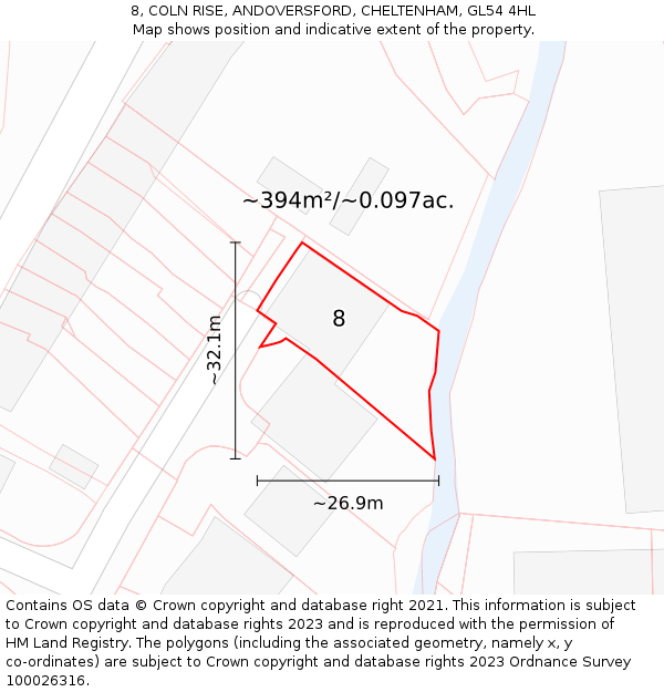 8, COLN RISE, ANDOVERSFORD, CHELTENHAM, GL54 4HL: Plot and title map