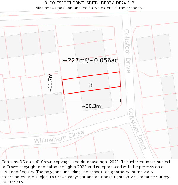 8, COLTSFOOT DRIVE, SINFIN, DERBY, DE24 3LB: Plot and title map