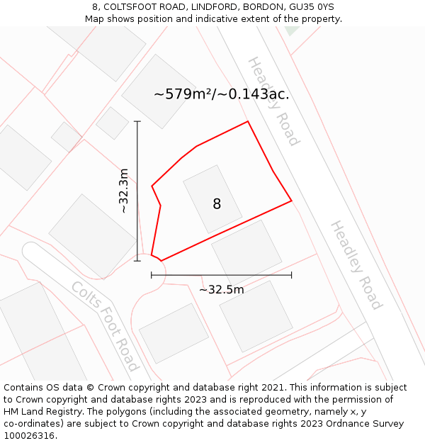 8, COLTSFOOT ROAD, LINDFORD, BORDON, GU35 0YS: Plot and title map