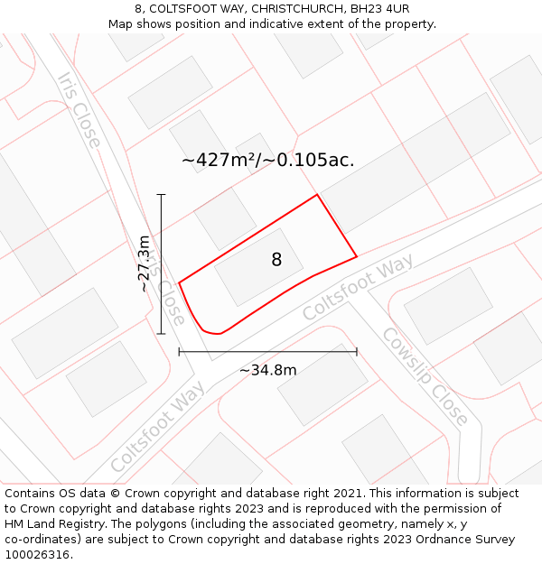 8, COLTSFOOT WAY, CHRISTCHURCH, BH23 4UR: Plot and title map