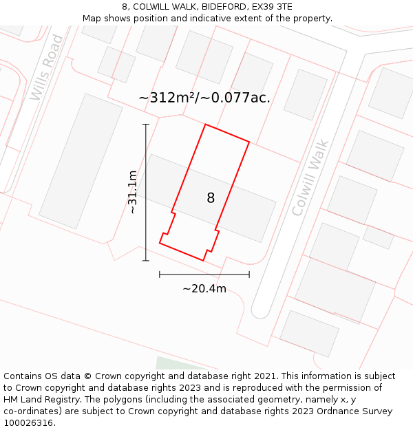 8, COLWILL WALK, BIDEFORD, EX39 3TE: Plot and title map