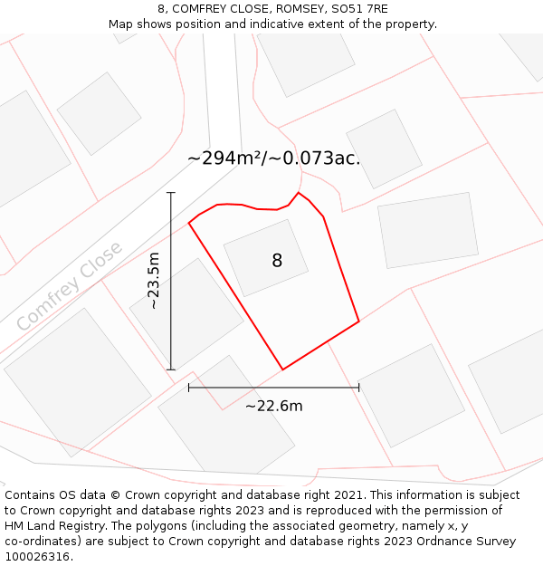 8, COMFREY CLOSE, ROMSEY, SO51 7RE: Plot and title map