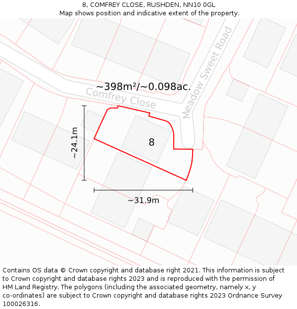 8, COMFREY CLOSE, RUSHDEN, NN10 0GL: Plot and title map