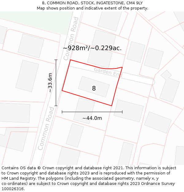 8, COMMON ROAD, STOCK, INGATESTONE, CM4 9LY: Plot and title map