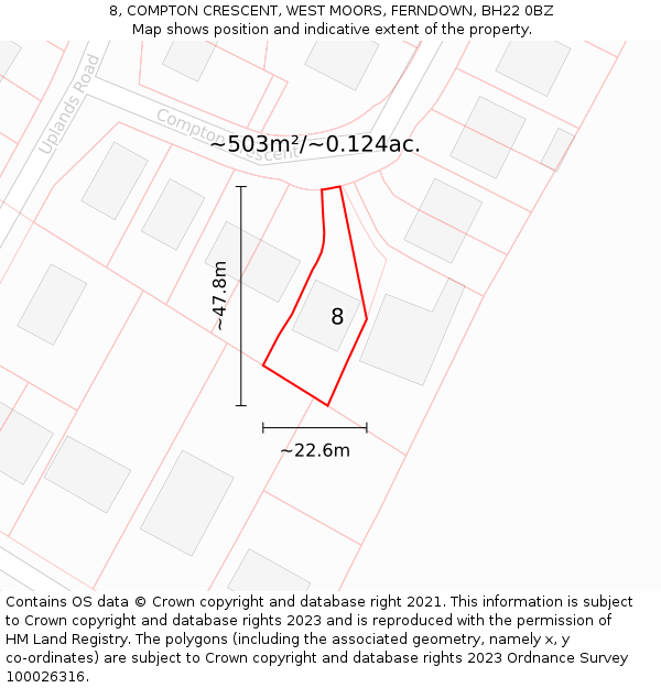 8, COMPTON CRESCENT, WEST MOORS, FERNDOWN, BH22 0BZ: Plot and title map