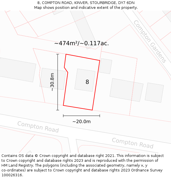 8, COMPTON ROAD, KINVER, STOURBRIDGE, DY7 6DN: Plot and title map