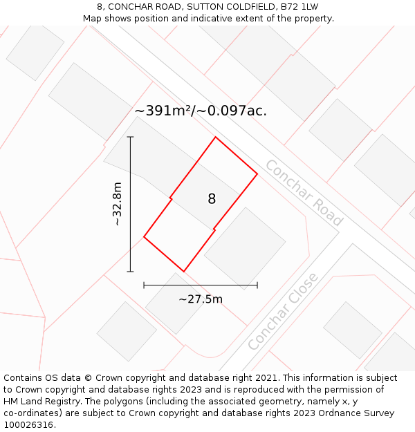 8, CONCHAR ROAD, SUTTON COLDFIELD, B72 1LW: Plot and title map