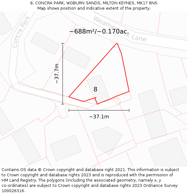 8, CONCRA PARK, WOBURN SANDS, MILTON KEYNES, MK17 8NS: Plot and title map