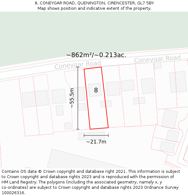 8, CONEYGAR ROAD, QUENINGTON, CIRENCESTER, GL7 5BY: Plot and title map