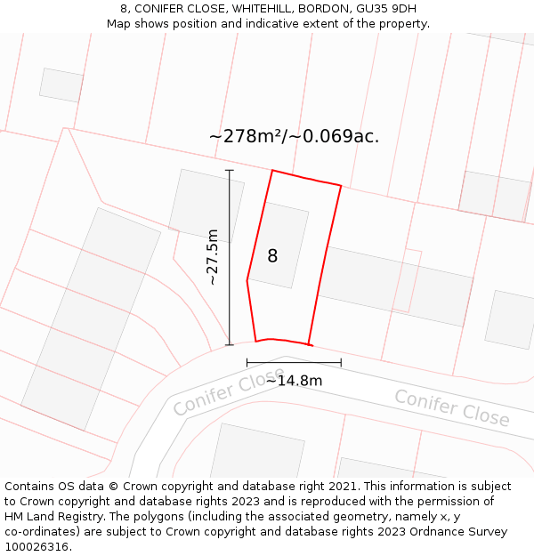 8, CONIFER CLOSE, WHITEHILL, BORDON, GU35 9DH: Plot and title map