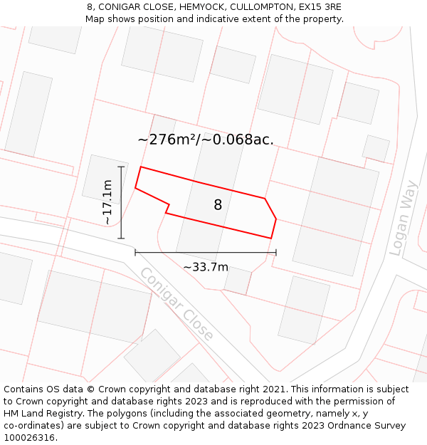 8, CONIGAR CLOSE, HEMYOCK, CULLOMPTON, EX15 3RE: Plot and title map