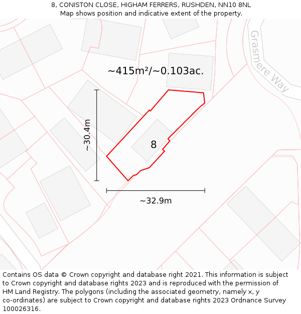 8, CONISTON CLOSE, HIGHAM FERRERS, RUSHDEN, NN10 8NL: Plot and title map