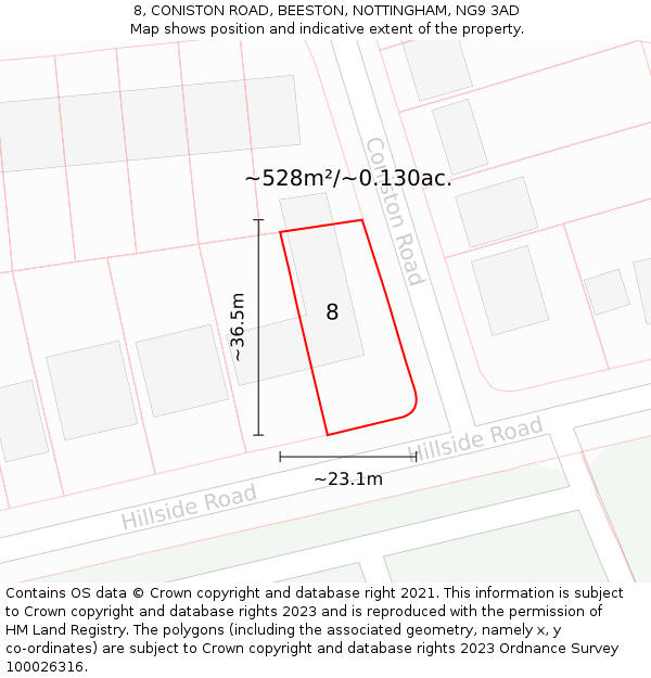 8, CONISTON ROAD, BEESTON, NOTTINGHAM, NG9 3AD: Plot and title map