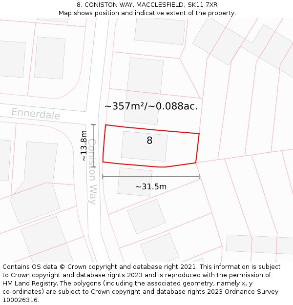 8, CONISTON WAY, MACCLESFIELD, SK11 7XR: Plot and title map