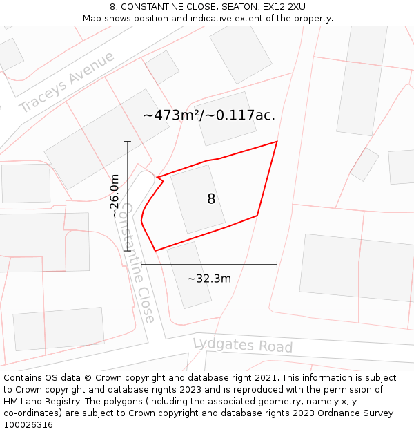 8, CONSTANTINE CLOSE, SEATON, EX12 2XU: Plot and title map
