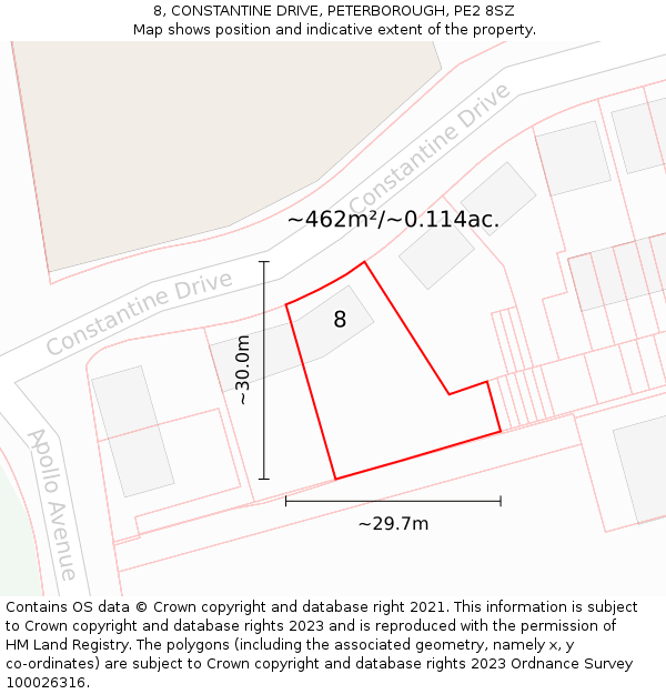 8, CONSTANTINE DRIVE, PETERBOROUGH, PE2 8SZ: Plot and title map