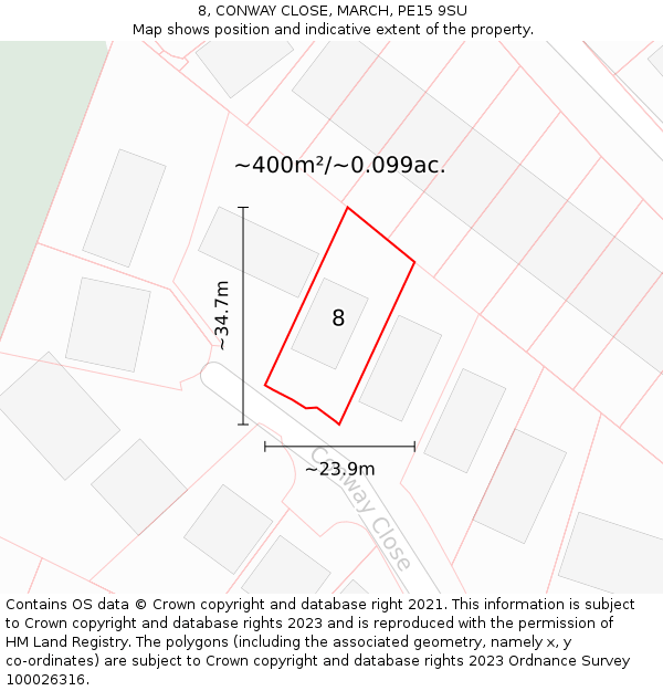 8, CONWAY CLOSE, MARCH, PE15 9SU: Plot and title map