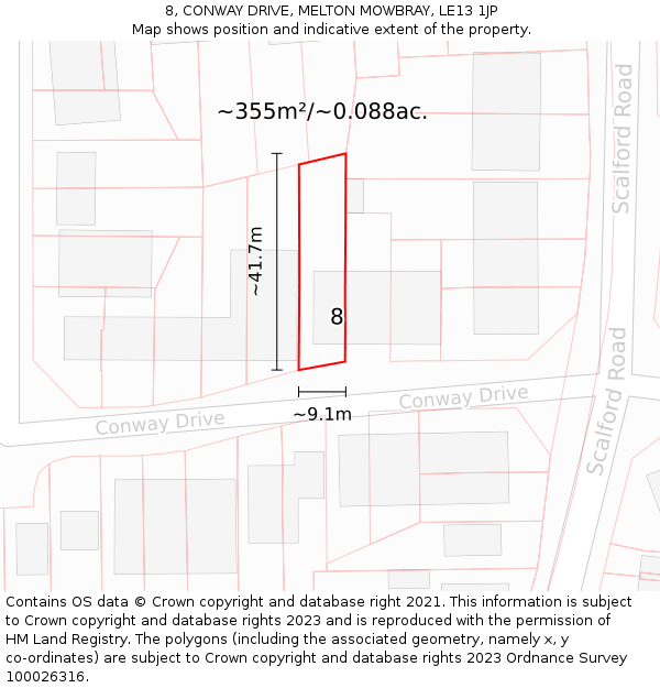 8, CONWAY DRIVE, MELTON MOWBRAY, LE13 1JP: Plot and title map