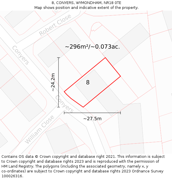 8, CONYERS, WYMONDHAM, NR18 0TE: Plot and title map