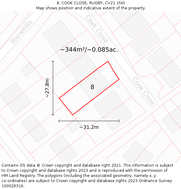 8, COOK CLOSE, RUGBY, CV21 1NG: Plot and title map