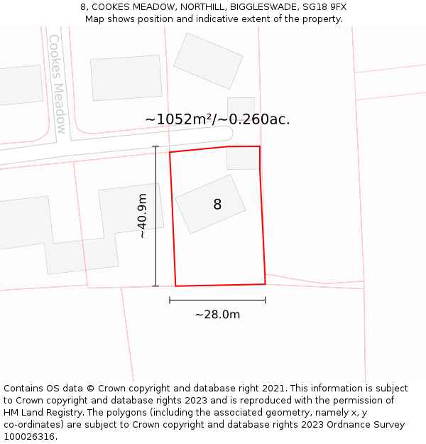 8, COOKES MEADOW, NORTHILL, BIGGLESWADE, SG18 9FX: Plot and title map