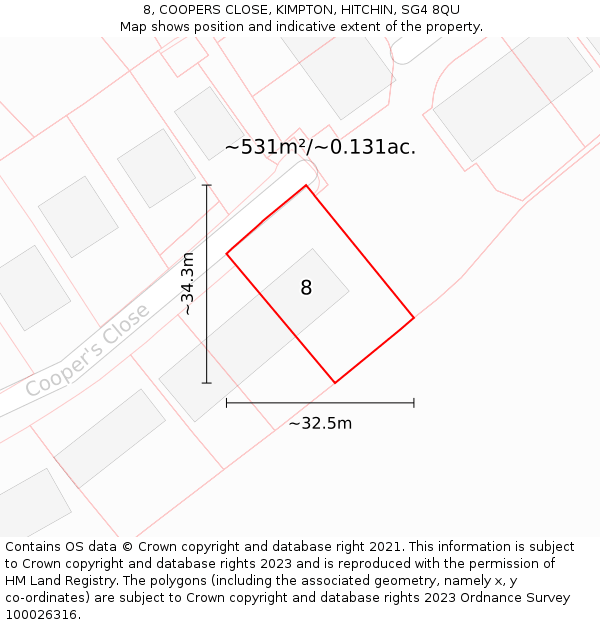 8, COOPERS CLOSE, KIMPTON, HITCHIN, SG4 8QU: Plot and title map