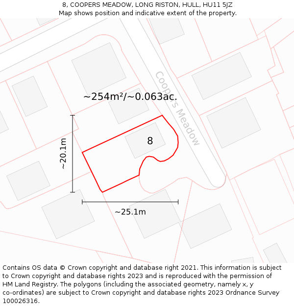 8, COOPERS MEADOW, LONG RISTON, HULL, HU11 5JZ: Plot and title map