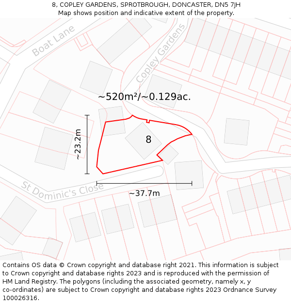 8, COPLEY GARDENS, SPROTBROUGH, DONCASTER, DN5 7JH: Plot and title map