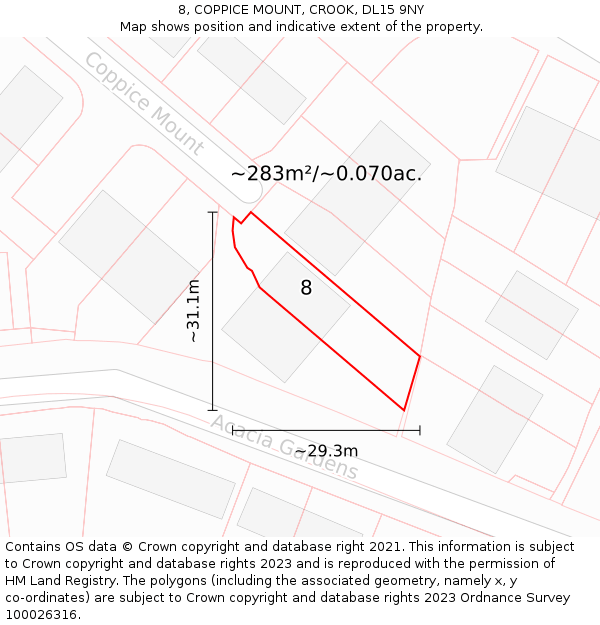 8, COPPICE MOUNT, CROOK, DL15 9NY: Plot and title map