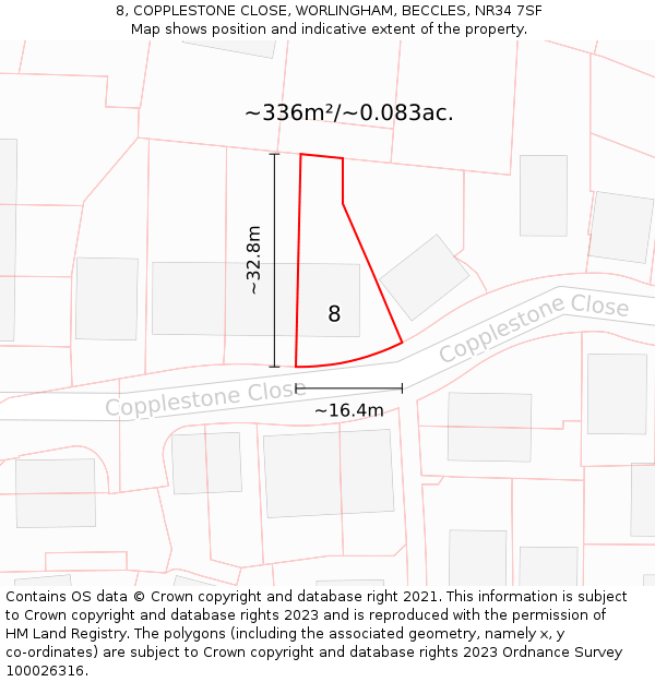 8, COPPLESTONE CLOSE, WORLINGHAM, BECCLES, NR34 7SF: Plot and title map