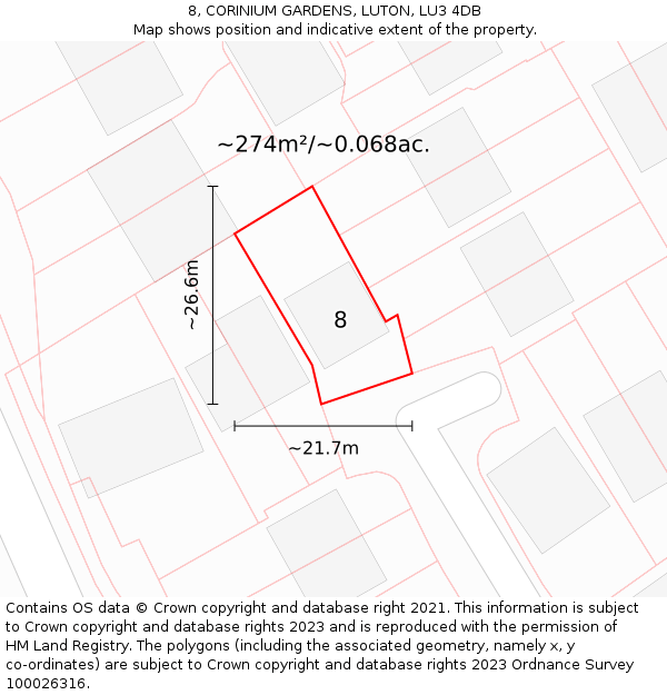 8, CORINIUM GARDENS, LUTON, LU3 4DB: Plot and title map