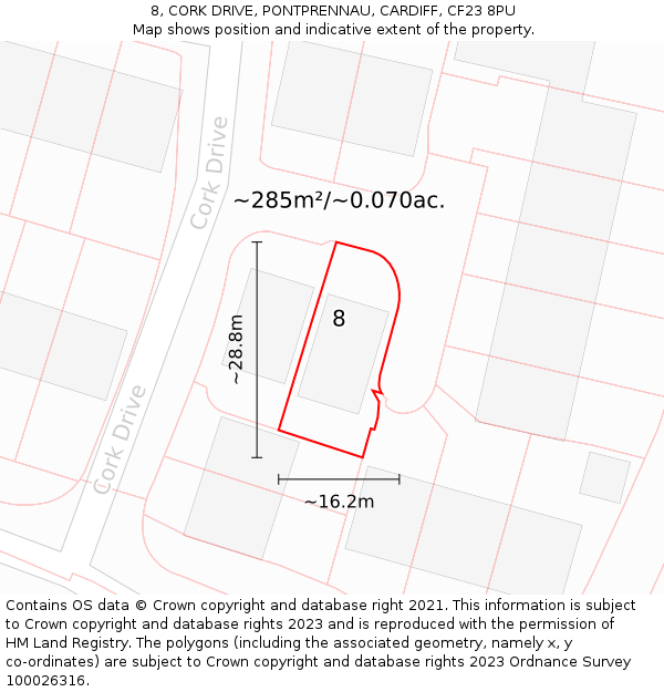 8, CORK DRIVE, PONTPRENNAU, CARDIFF, CF23 8PU: Plot and title map