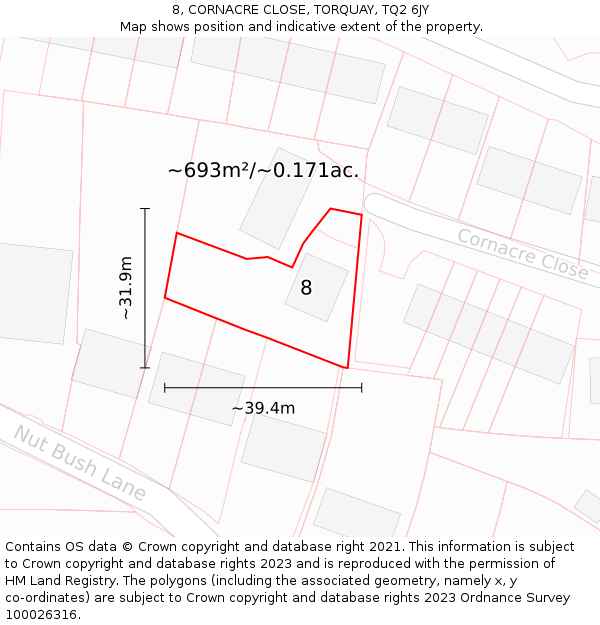 8, CORNACRE CLOSE, TORQUAY, TQ2 6JY: Plot and title map