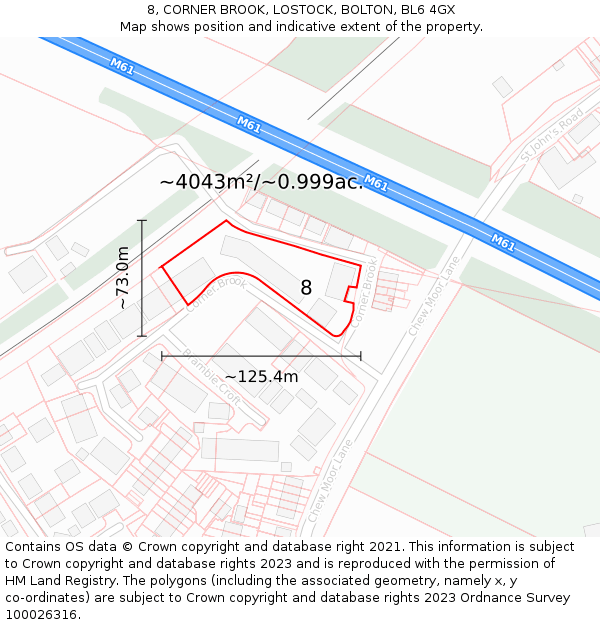 8, CORNER BROOK, LOSTOCK, BOLTON, BL6 4GX: Plot and title map