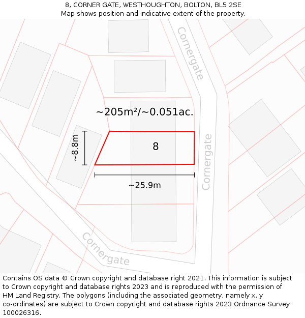 8, CORNER GATE, WESTHOUGHTON, BOLTON, BL5 2SE: Plot and title map