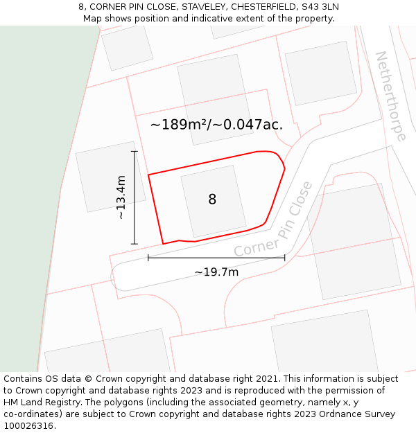 8, CORNER PIN CLOSE, STAVELEY, CHESTERFIELD, S43 3LN: Plot and title map
